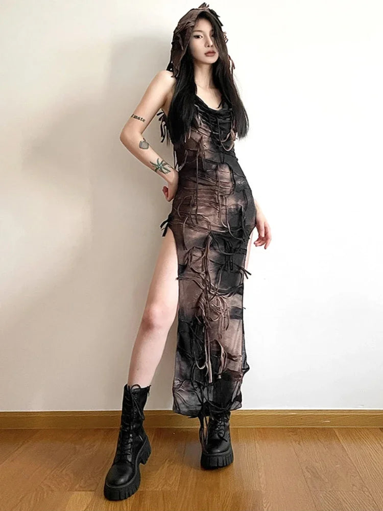 Tassel Vintage Gothic Hooded Midi Dress Fairy Grunge Y2K Sexy High Split Sleeveless Tie Dye Dress