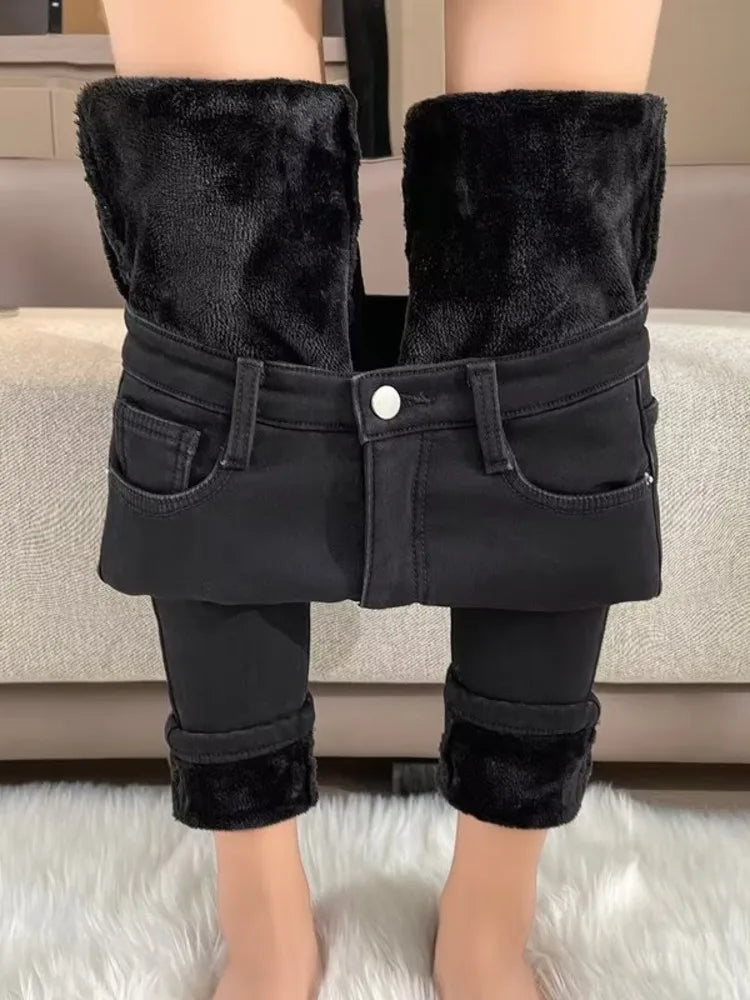 Thickened Plush High Waist Elastic Slim Pencil Winter Wool Insulation Fur Plush Jean