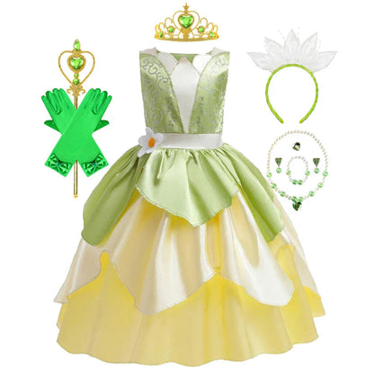 Tiana Dress Up Princess Cosplay Role Playing Party Sleeveless Carnival Halloween Kid Costume