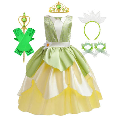 Tiana Dress Up Princess Cosplay Role Playing Party Sleeveless Carnival Halloween Kid Costume