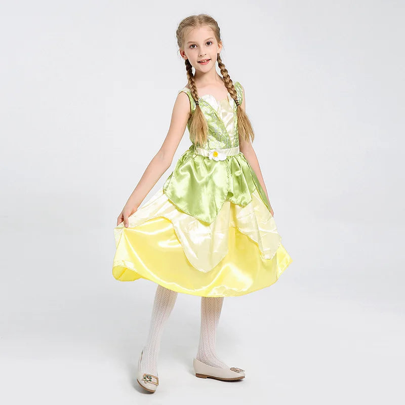 Tiana Dress Up Princess Cosplay Role Playing Party Sleeveless Carnival Halloween Kid Costume