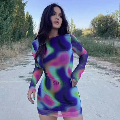 Tie Dye O Neck Sleeve Backless Mini Dress