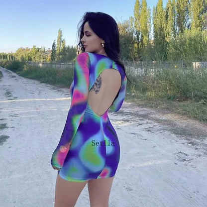 Tie Dye O Neck Sleeve Backless Mini Dress