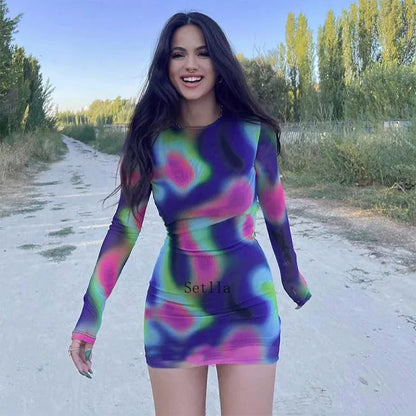 Tie Dye O Neck Sleeve Backless Mini Dress