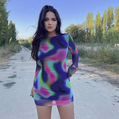 Tie Dye O Neck Sleeve Backless Mini Dress