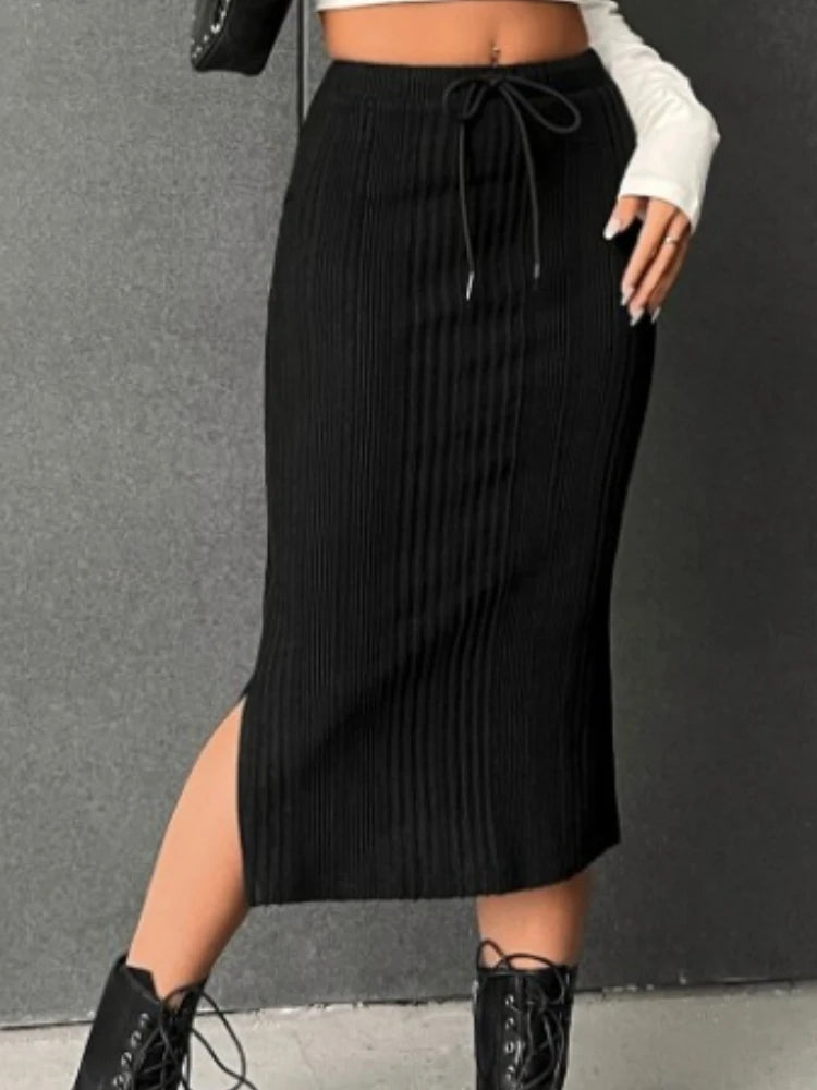 Tie Waist High-Waisted Drawstring Slit Knitted Solid Trendy Comfortable Skirt