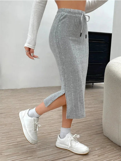 Tie Waist High-Waisted Drawstring Slit Knitted Solid Trendy Comfortable Skirt