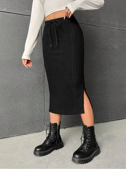 Tie Waist High-Waisted Drawstring Slit Knitted Solid Trendy Comfortable Skirt