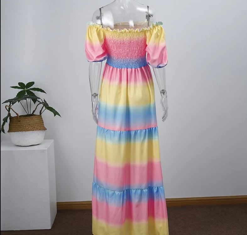 Rainbow Short Sleeve Maxi Beach Dress