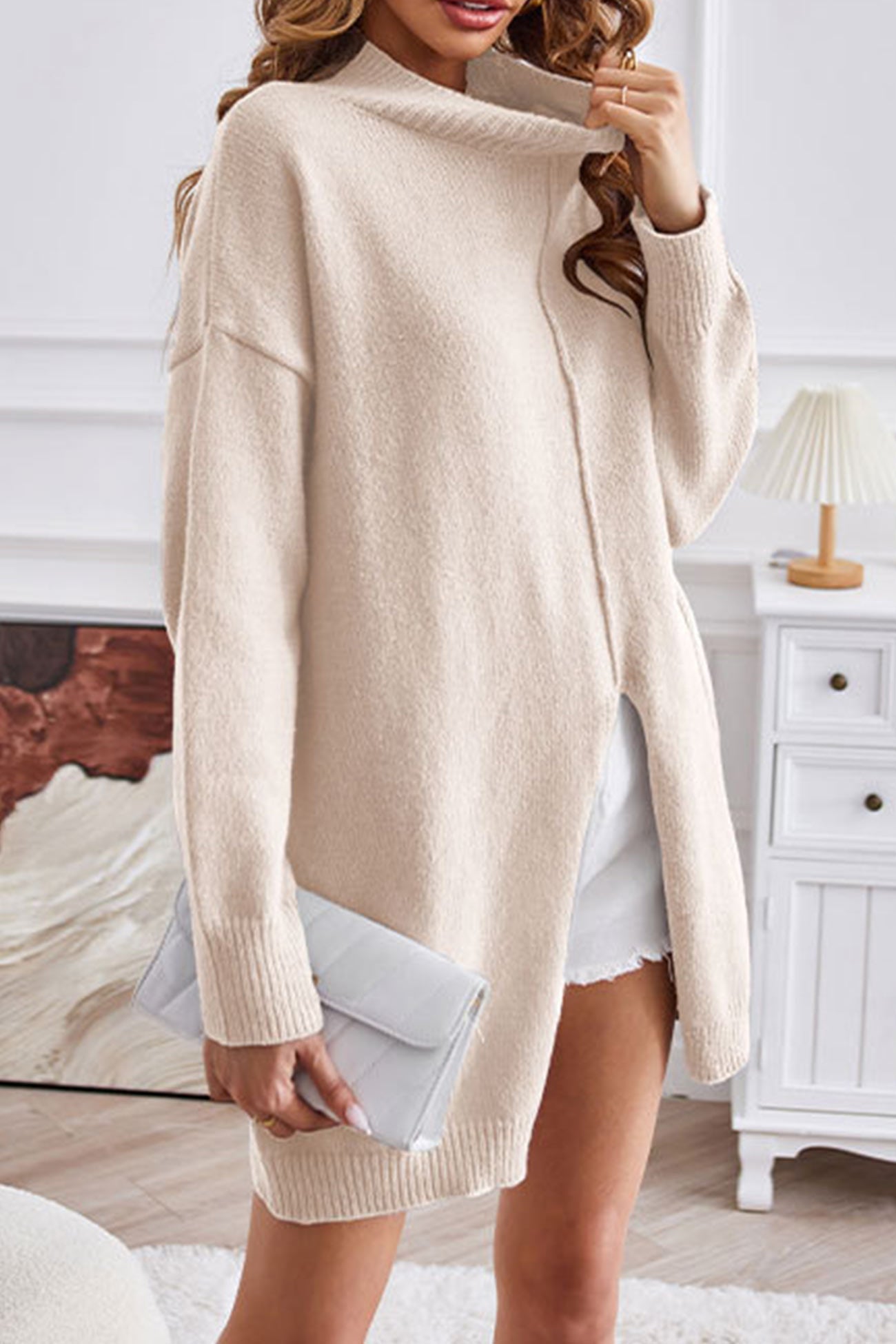 Slit-front Sweater with Turtleneck Detail