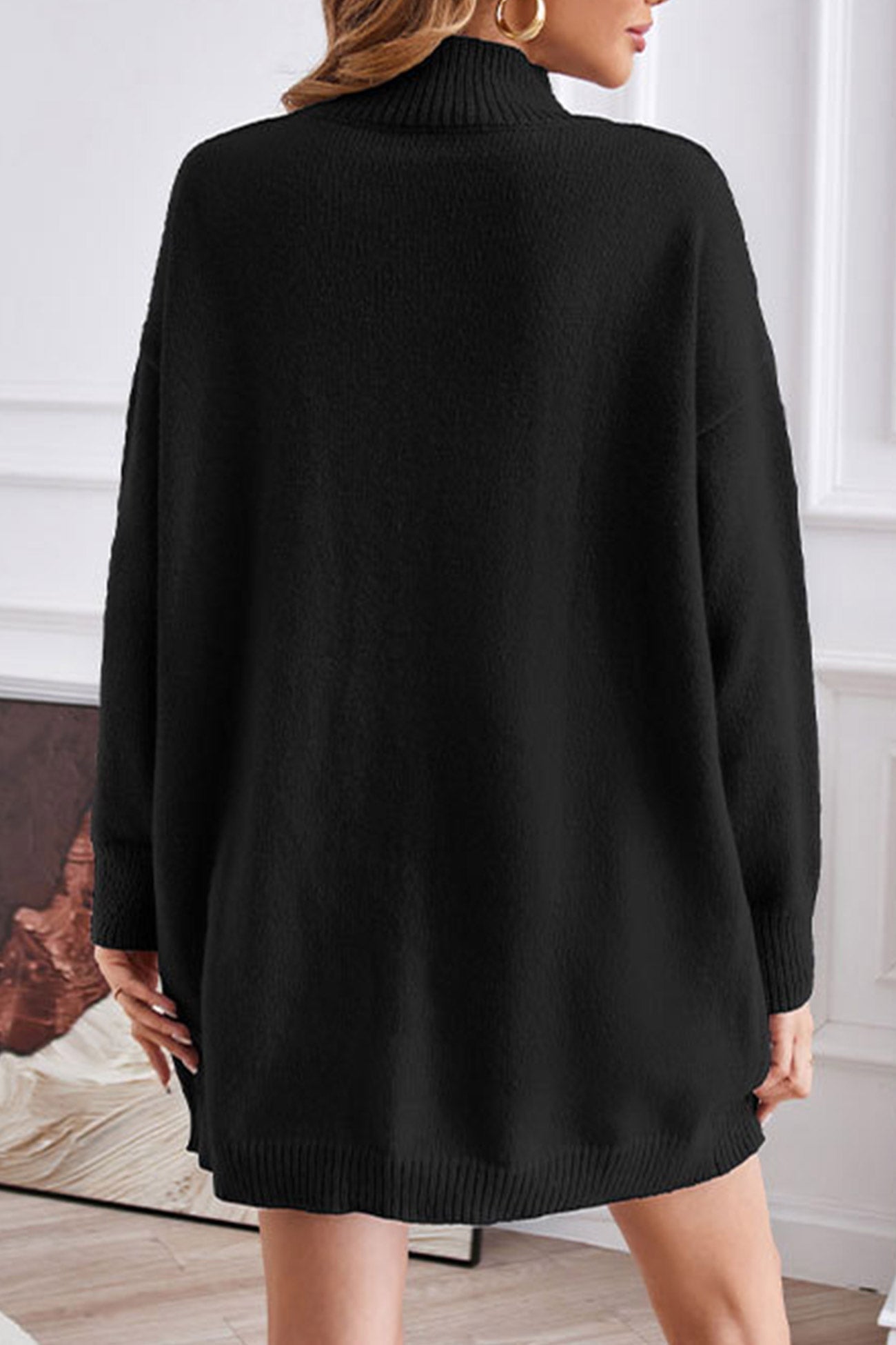 Slit-front Sweater with Turtleneck Detail