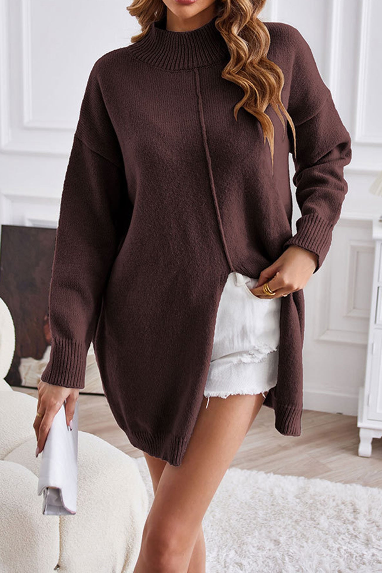 Slit-front Sweater with Turtleneck Detail