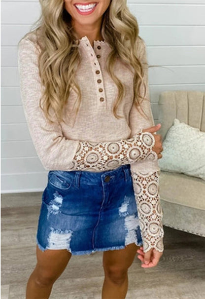 Autumn Lace Women Sexy Splicing Slim Long Spring Patchwork T-Shirt Arm Button Tee Streetwear