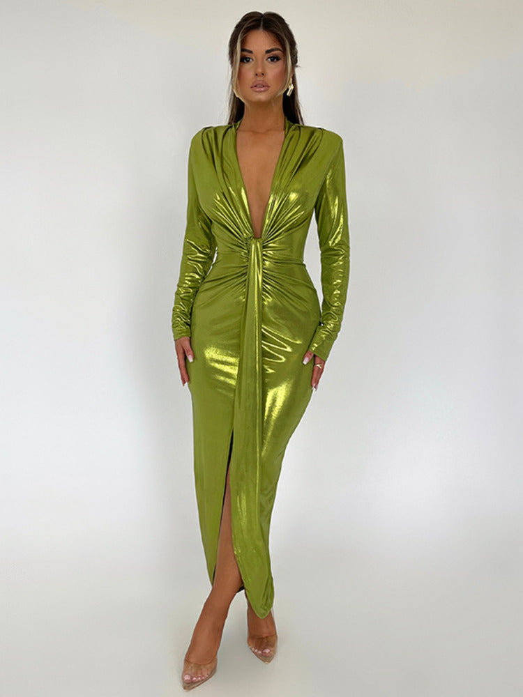 Doris Deep V Neck Long Sleeve Bodycon Maxi Dress