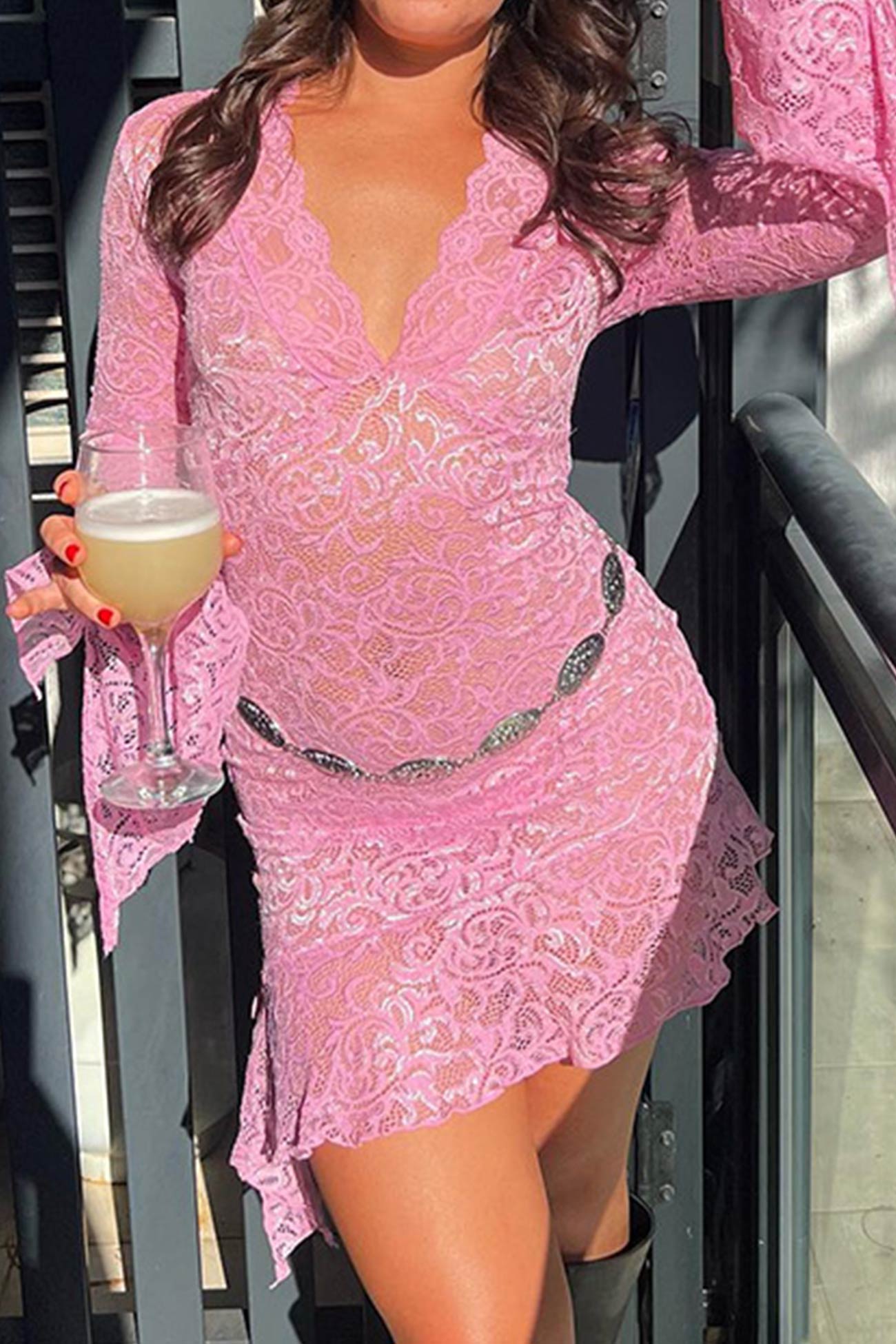 V Neck Flares Sleeve Lace Dress