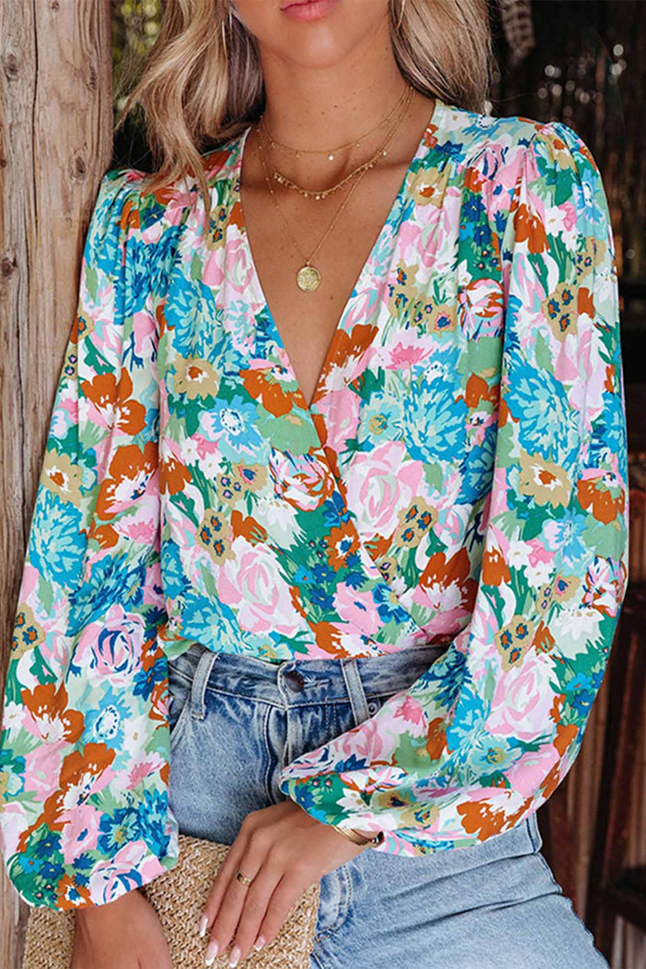 V Design Puff Neck Flowered Arm Shirt