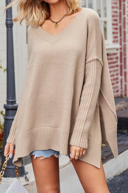 Slit Side Pullover Neck V Sweater