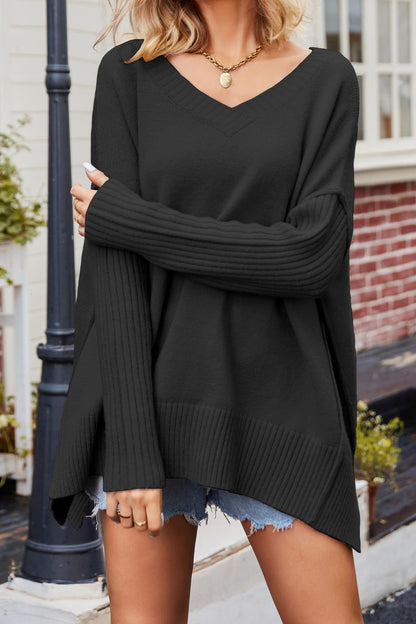 Slit Side Pullover Neck V Sweater