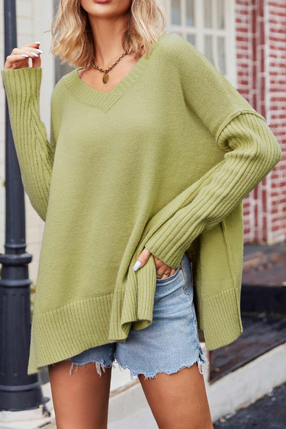 Slit Side Pullover Neck V Sweater