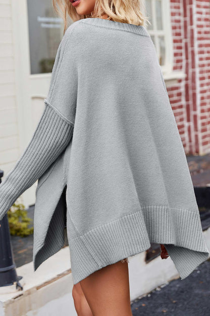 Slit Side Pullover Neck V Sweater