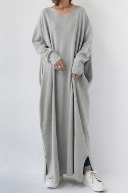 V Neck Sweatshirt Dress with Slit Hem