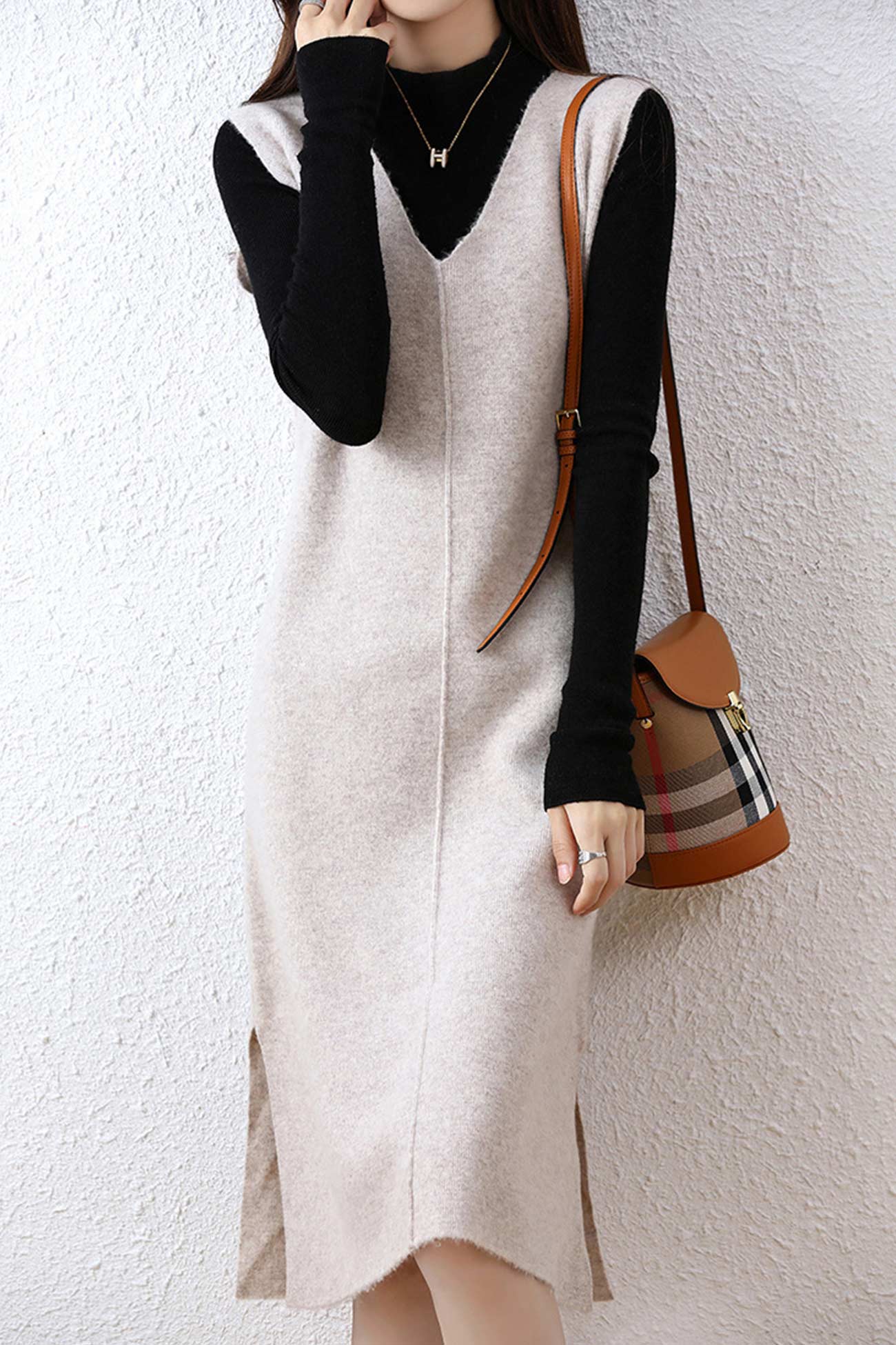 Solid Color Wool Tank Dress with V Neck