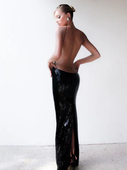 Black Sequin Long Party Dress