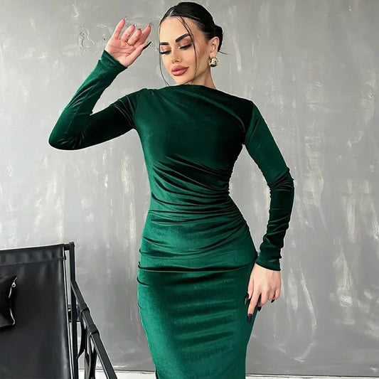 Ruched Long-sleeved Body-hugging Autumnal Elegant Club-ready Skinny Midi Dress