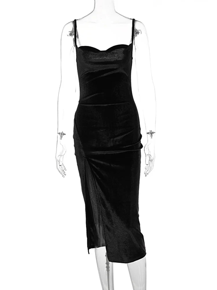 Velvet Swing Collar Sleeveless Sexy Slit Midi Dress