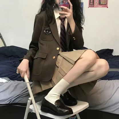 Autumn Preppy Style Foldable Skirt Jacket Shirt Suit