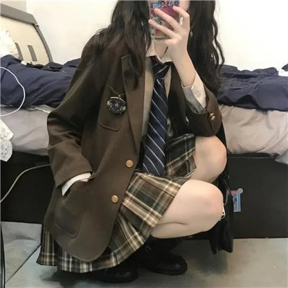 Autumn Preppy Style Foldable Skirt Jacket Shirt Suit