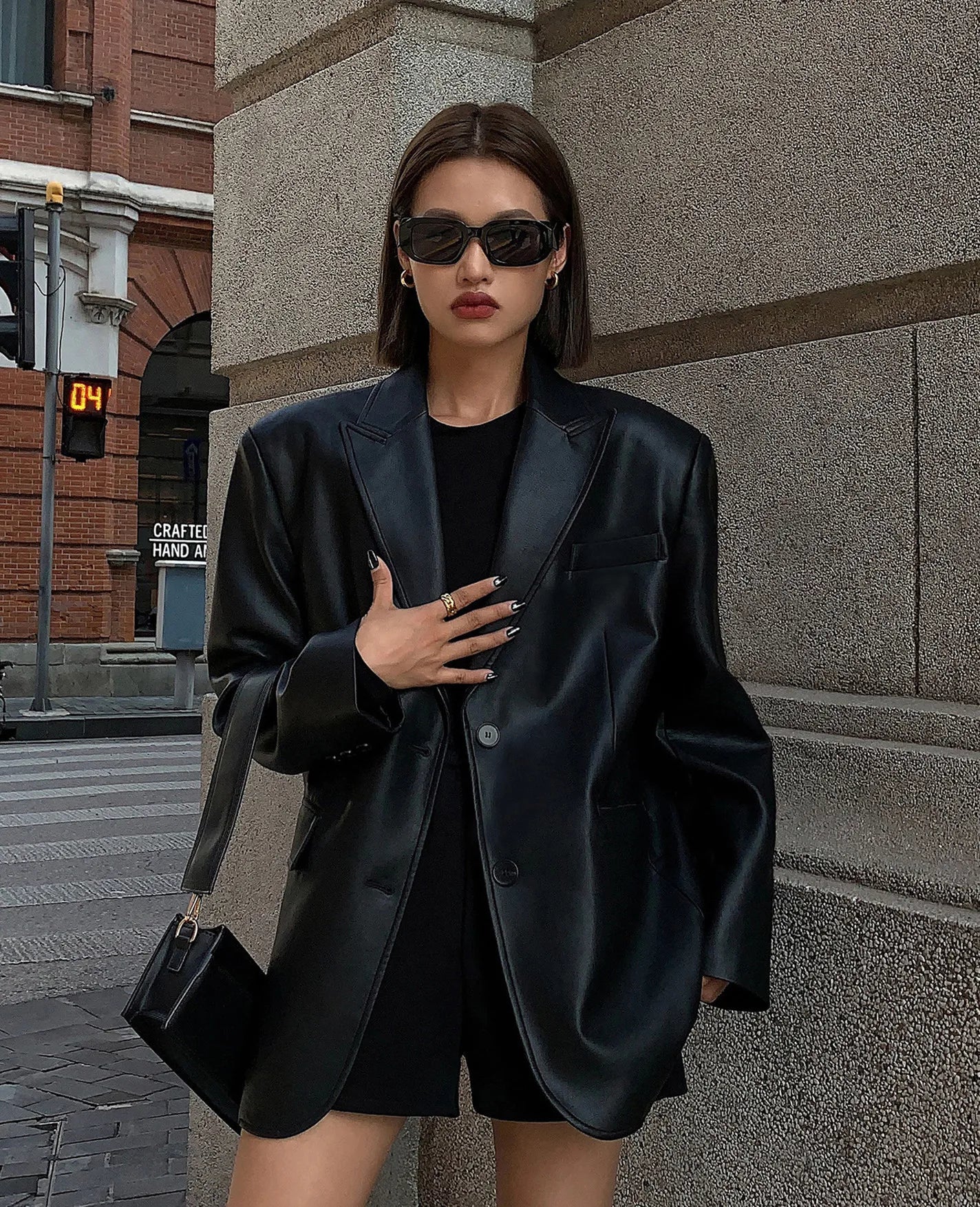 Vintage Black High Quality Leather Loose Biker Casual Long Sleeve Pocket Oversized Blazer