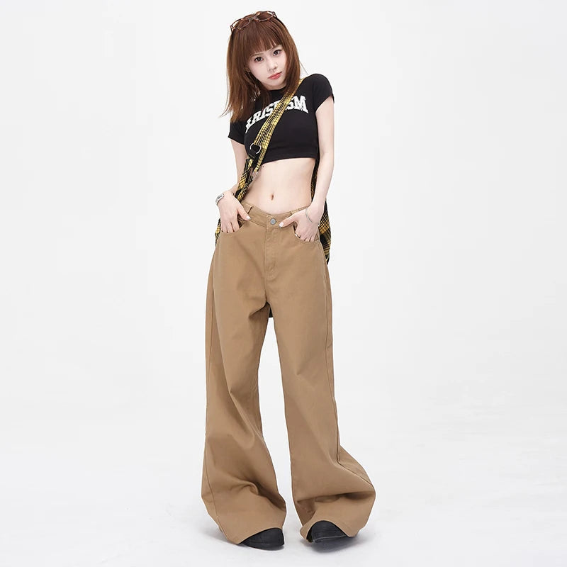 Vintage Brown Loose Wide Leg Mid-waist Women Elegant Chic Jeans