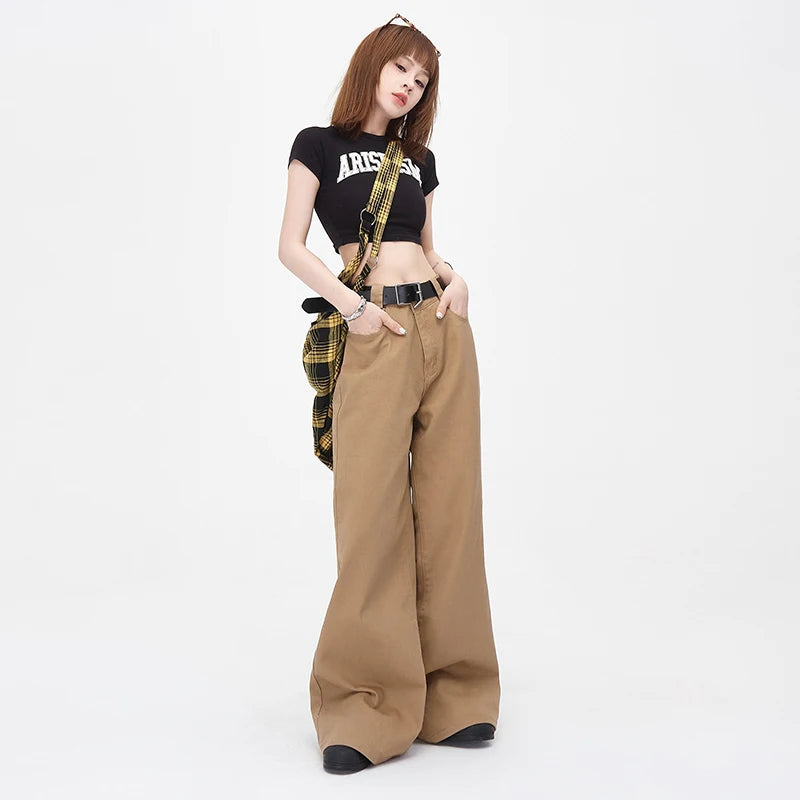 Vintage Brown Loose Wide Leg Mid-waist Women Elegant Chic Jeans