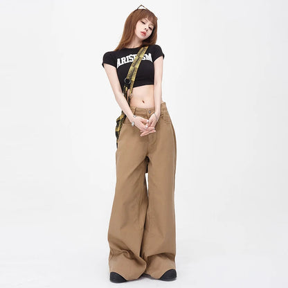 Vintage Brown Loose Wide Leg Mid-waist Women Elegant Chic Jeans