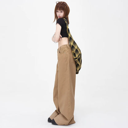 Vintage Brown Loose Wide Leg Mid-waist Women Elegant Chic Jeans