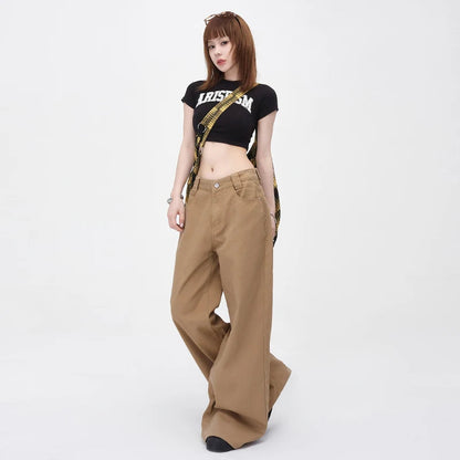 Vintage Brown Loose Wide Leg Mid-waist Women Elegant Chic Jeans