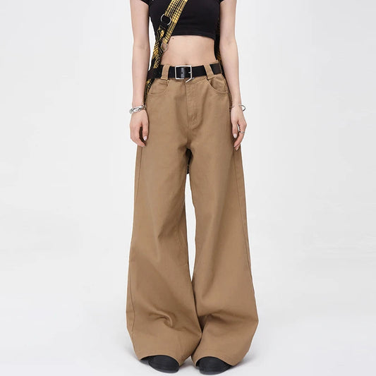 Vintage Brown Loose Wide Leg Mid-waist Women Elegant Chic Jeans