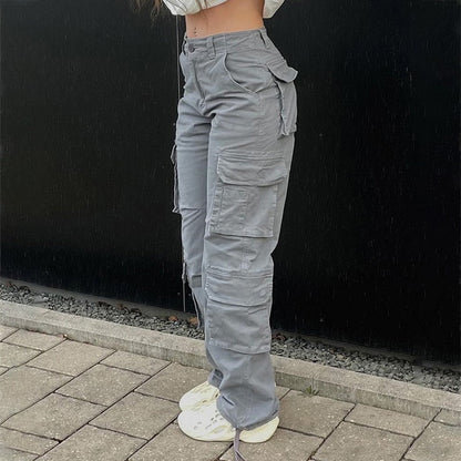 Streetwear Pockets Wide Leg High Waist Straight  Trousers