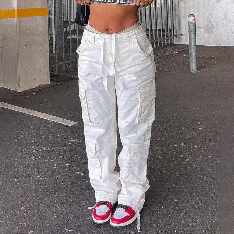 Streetwear Pockets Wide Leg High Waist Straight  Trousers