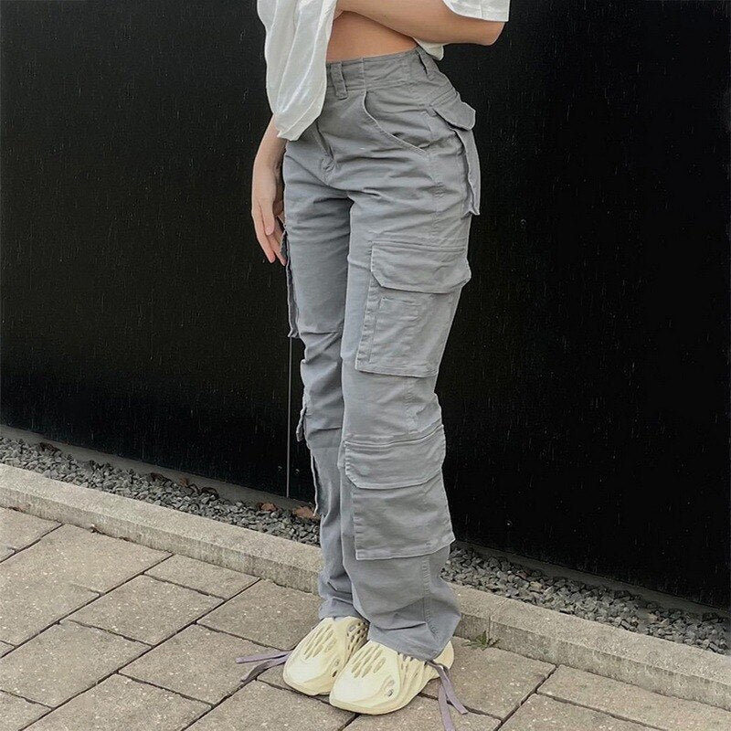 Streetwear Pockets Wide Leg High Waist Straight  Trousers