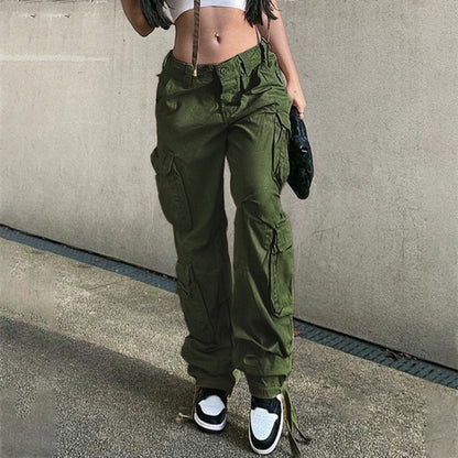 Streetwear Pockets Wide Leg High Waist Straight  Trousers