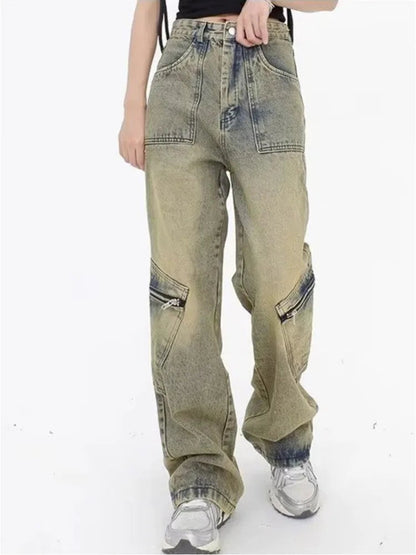 Vintage Street Deconstructed Yellow Mud Dyed Old Loose Wide Leg Women's Jean