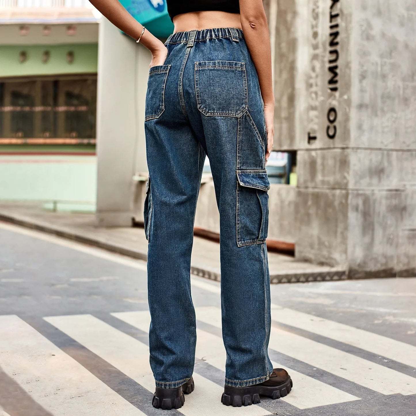 Vintage Streetwear High Waist Women American Fashion Blue Wide Leg Trouser Female Baggy Straight Denim Jean