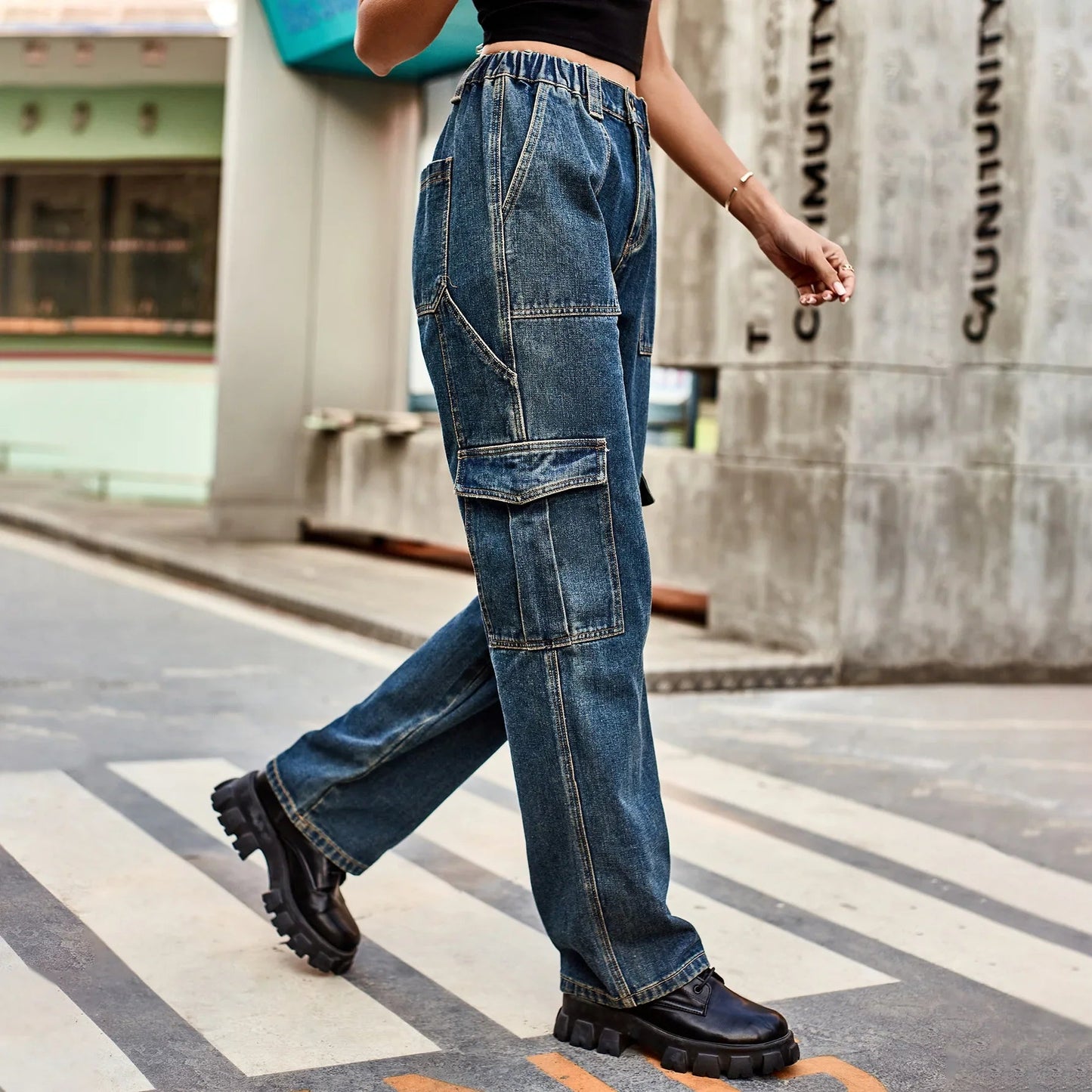 Vintage Streetwear High Waist Women American Fashion Blue Wide Leg Trouser Female Baggy Straight Denim Jean