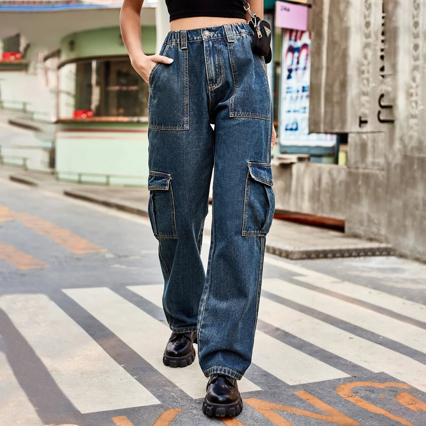 Vintage Streetwear High Waist Women American Fashion Blue Wide Leg Trouser Female Baggy Straight Denim Jean