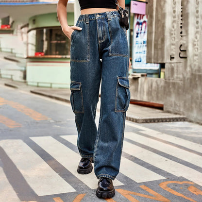 Vintage Streetwear High Waist Women American Fashion Blue Wide Leg Trouser Female Baggy Straight Denim Jean