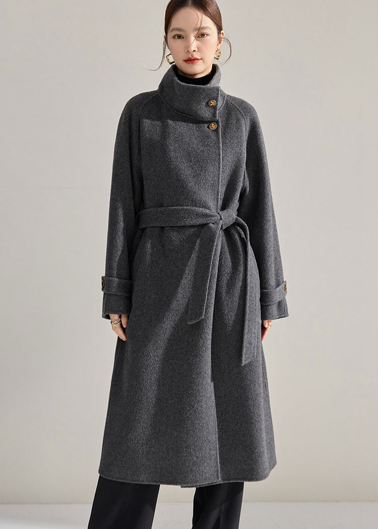 Vivian Seven Women's Winter Stand Collar Belted Wrap Wool Long Coat Gray