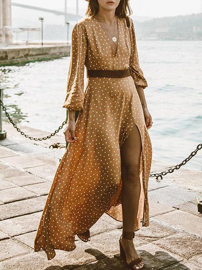 Bohemia Polka-Dot V Neck Maxi Dress for Summer