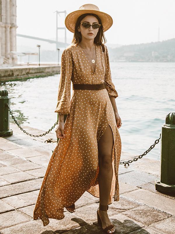 Bohemia Polka-Dot V Neck Maxi Dress for Summer